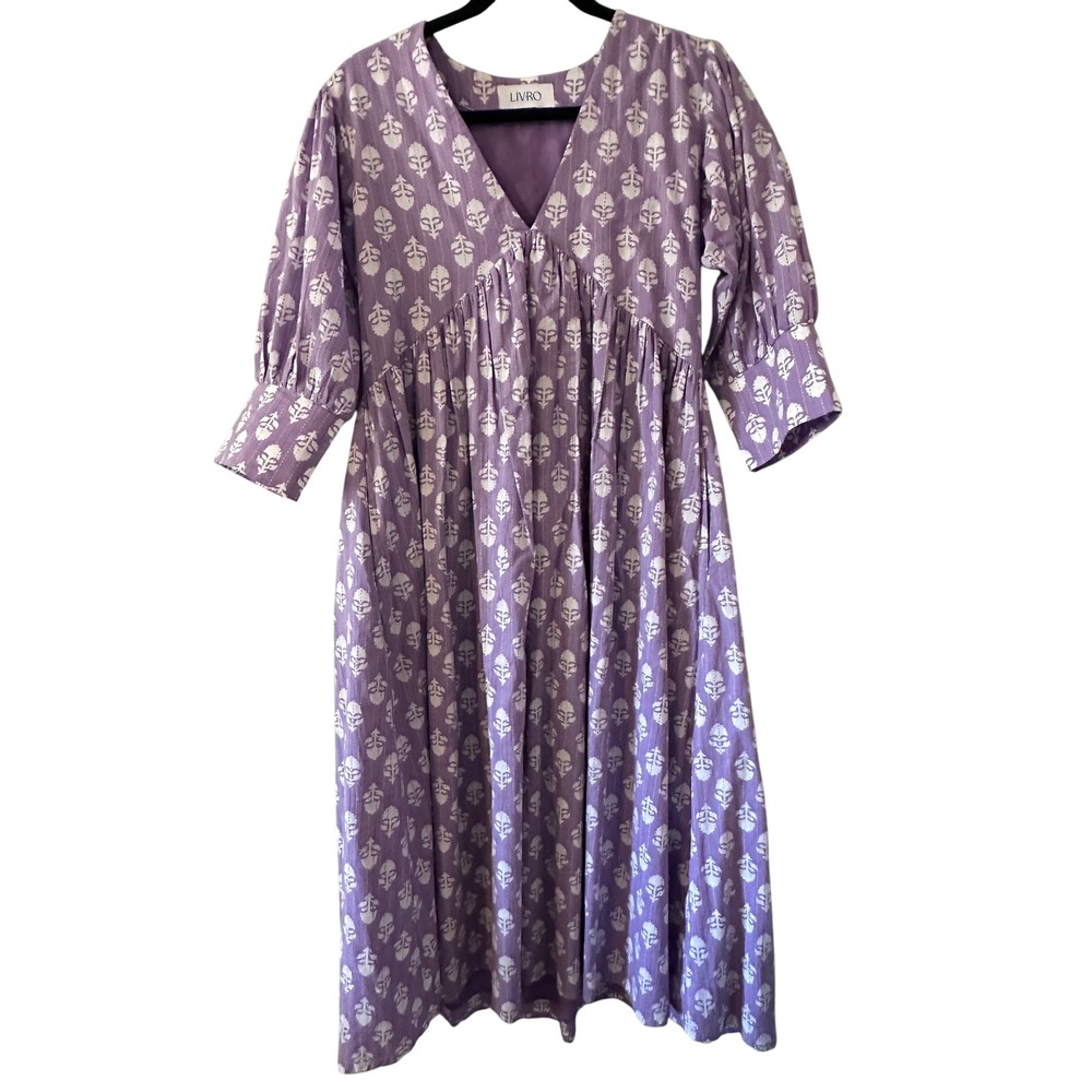 LIVRO Women's‎ Purple Floral Cotton Midi Dress XS Puff Sleeve V Neck Oversized